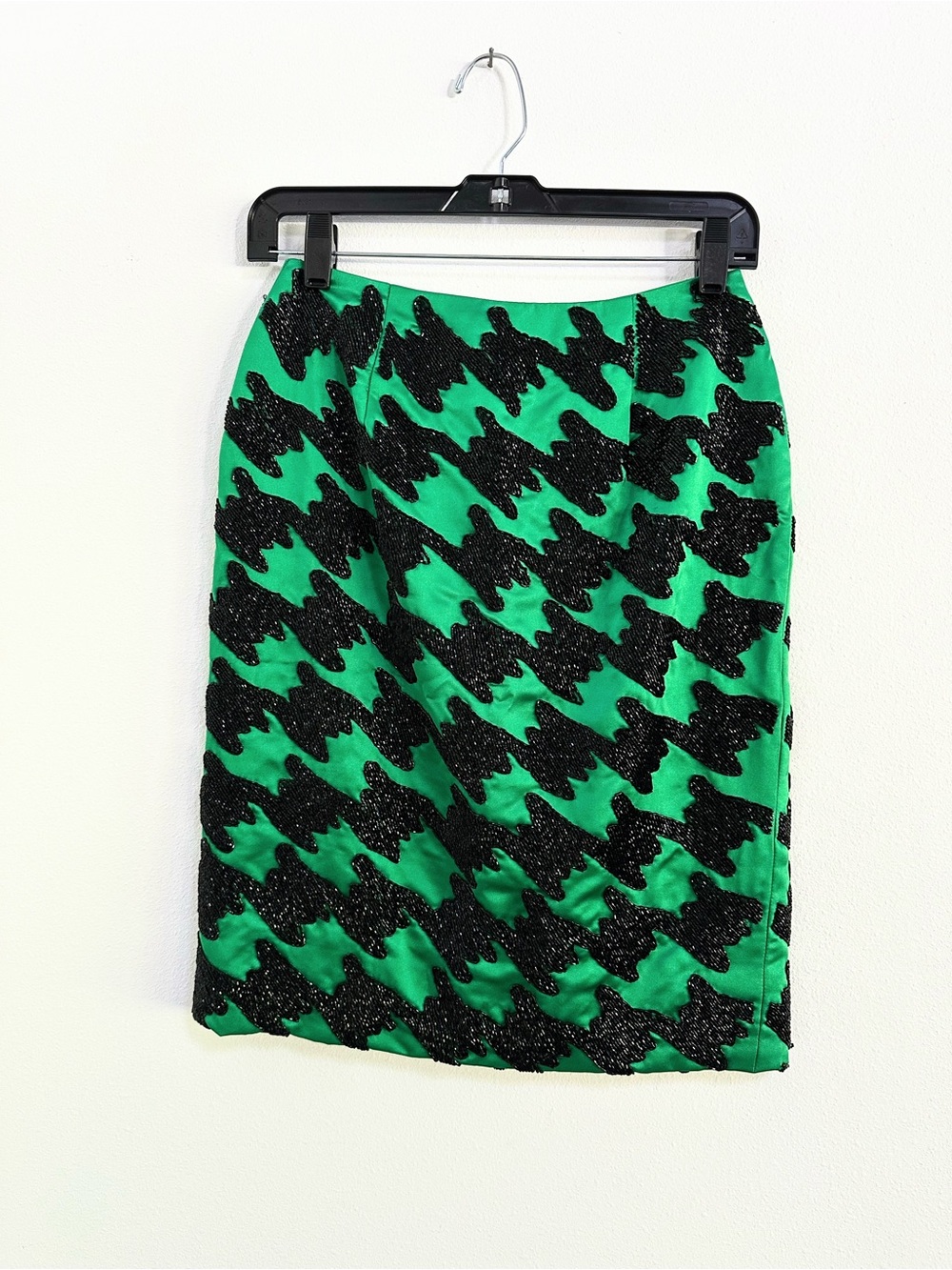 Vintage Deborah Kents Size 4 Emerald Green Black Beaded Houndstooth Pencil Skirt